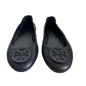 Tory Burch Minnie Flats Size 8 Black Navy Leather Slip On Travel Ballet Shoe